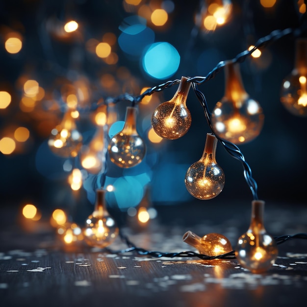 iluminação de férias e conceito de decoração guirlandas de Natal luzes bokeh sobre fundo azul escuro