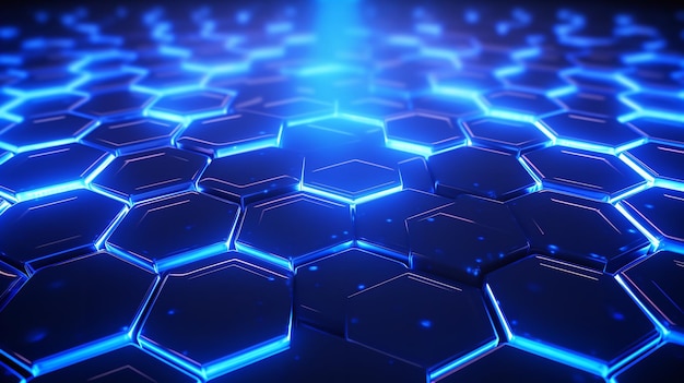 Foto iluminação de néon azul e um fundo tecnológico hexagonal ia generativa