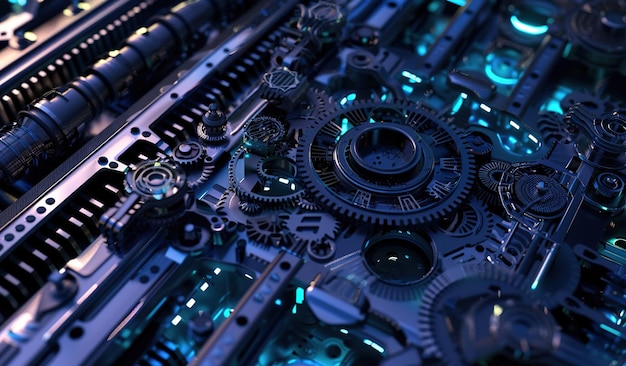 Iluminação de peças de máquinas complexas em close-up de componentes e mecanismos mecânicos complexos sob luz azul