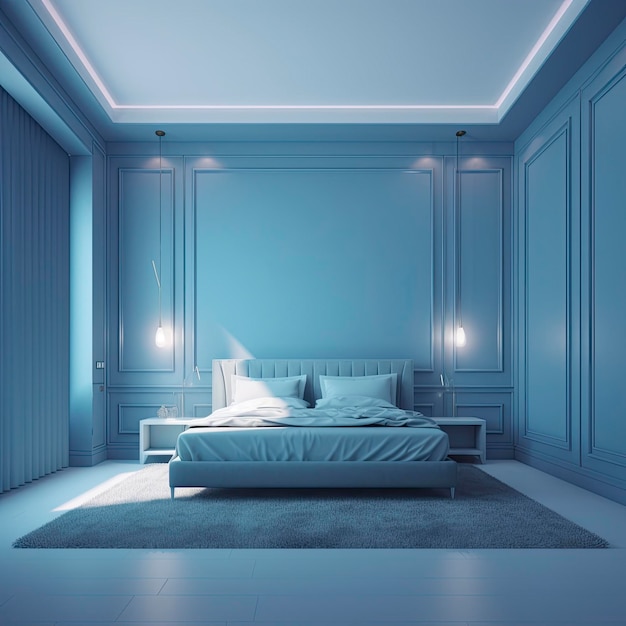 Iluminação dinâmica de quarto azul claro, minimalista e luxuoso vazio, realista 8K generat ai