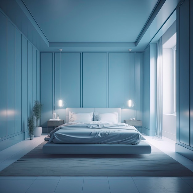 Iluminação dinâmica de quarto azul claro, moderno, vazio e luxuoso, realista 8K generat ai