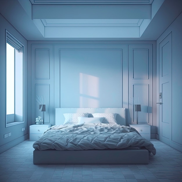 Iluminação dinâmica de quarto azul claro, moderno, vazio e luxuoso, realista 8K generat ai