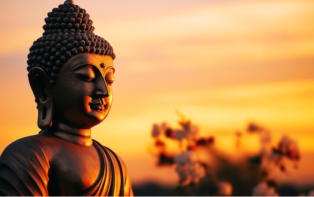 Foto iluminação divina alto detalhe tathagata buda estátua cabeça detalhe em orange sunset sky