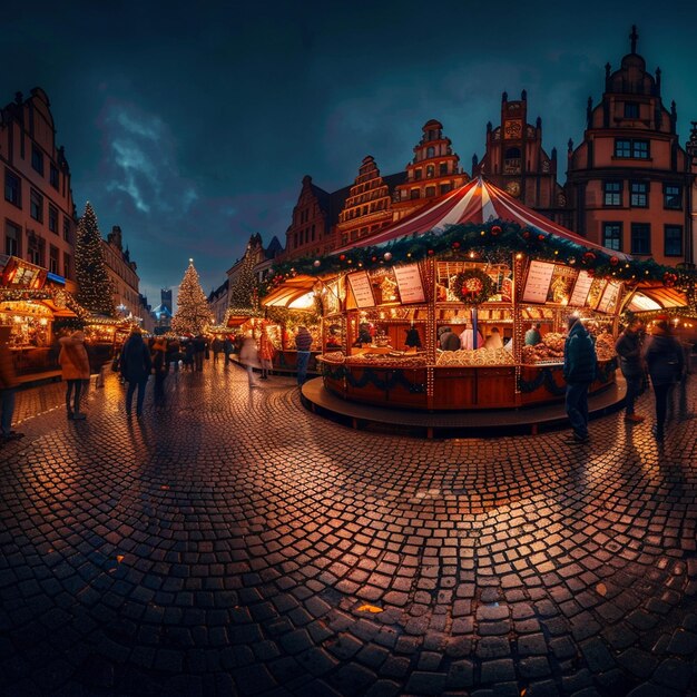 Foto iluminação festiva noturna no mercado de natal de wroclaw