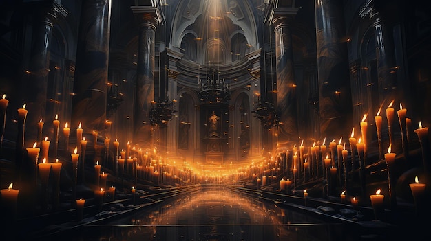 Iluminação Mística A majestosa catedral brilha com centenas de velas lançando sombras e luz sobre a majestosa arquitetura