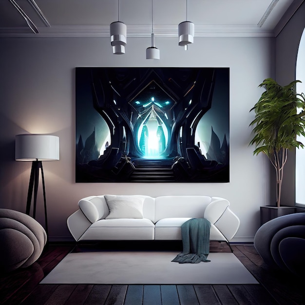 Iluminação no interior futurista de ficção científica da sala criada com IA generativa