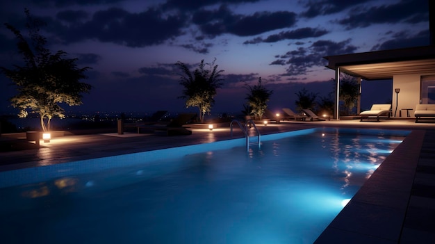 Iluminação noturna e atmosfera da piscina