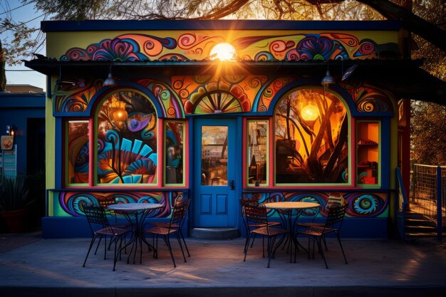 La iluminación del amanecer revela la vibrante fachada de un café