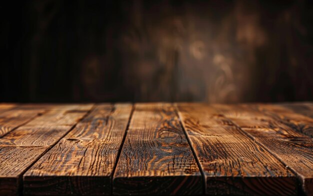 Foto la iluminación cálida acentúa las ricas texturas y patrones de una mesa de madera puesta contra un fondo oscuro de enfoque suave