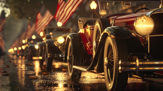 Iluminación cinematográfica Un desfile de coches antiguos con banderas unidas a los vehículos