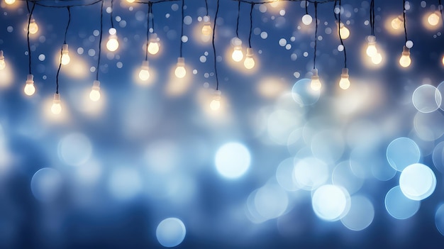 Iluminación y decoración concepto de vacaciones guirnalda de Navidad luces bokeh sobre fondo azul