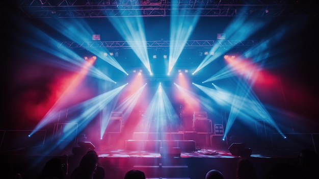Iluminación del escenario en una sala de conciertos con focos y haces de colores que iluminan el escenario vacío