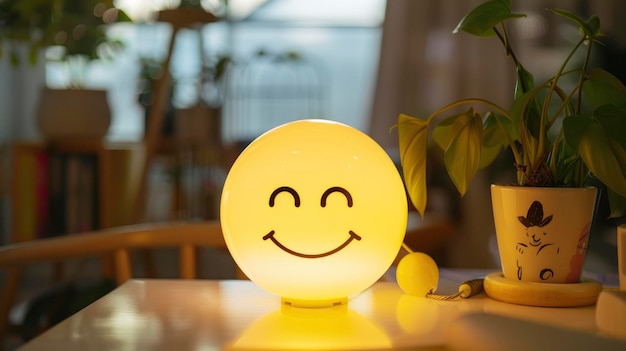 Iluminación feliz Una luz LED amarilla con cara sonriente descansa alegremente en la mesa difundiendo la felicidad con su expresión alegre