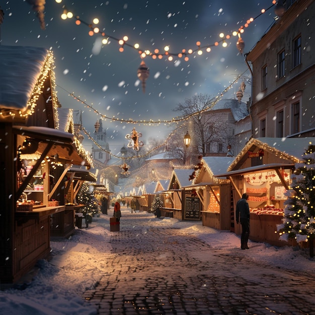 Iluminación festiva del mercado navideño de invierno con una calle cubierta de nieve