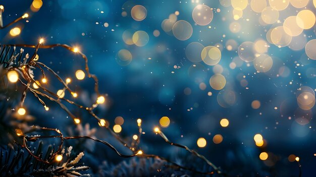 iluminación navideña y concepto de decoración guirnalda de Navidad luces bokeh sobre azul oscuro