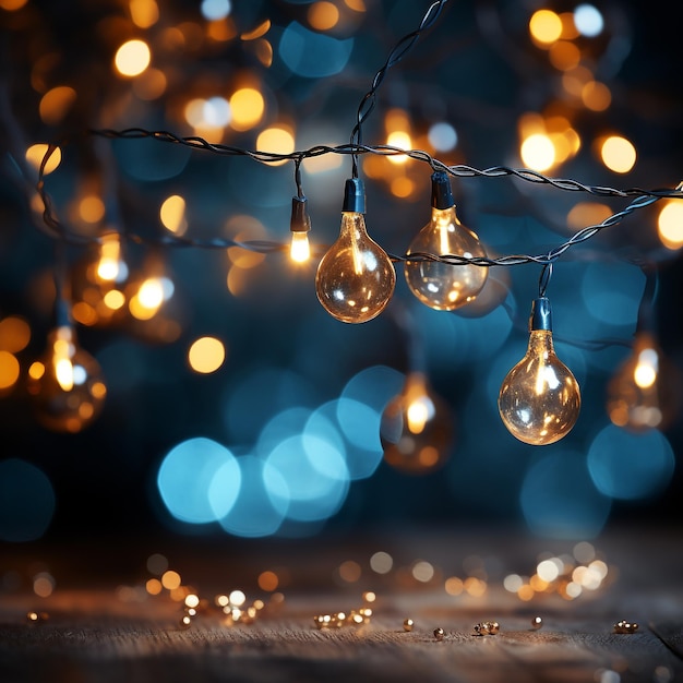 iluminación navideña y concepto de decoración guirnalda de Navidad luces bokeh sobre fondo azul oscuro