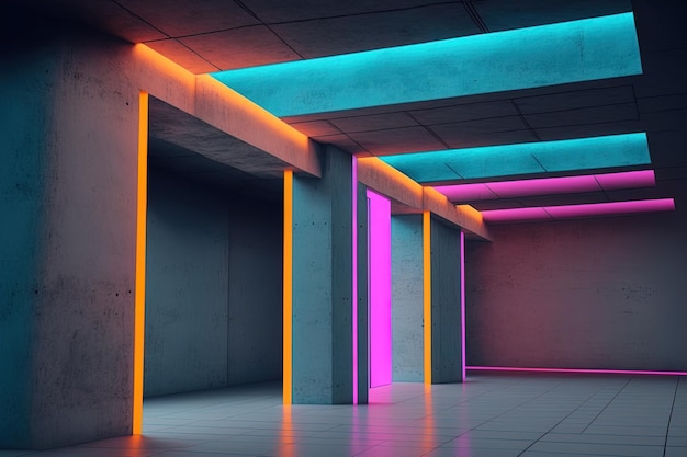 La iluminación de neón se utiliza en un espacio público interior de varios niveles de hormigón abstracto