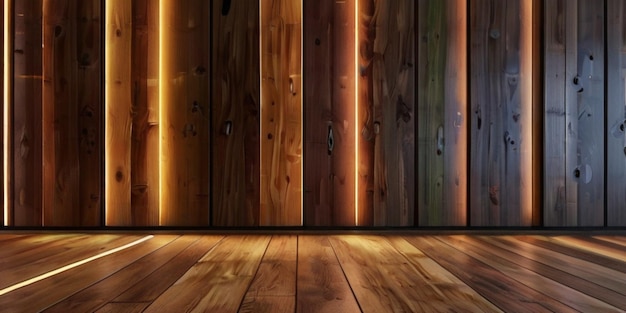 iluminación del piso en el piso de madera y el color de la pared de madera renderización 3D