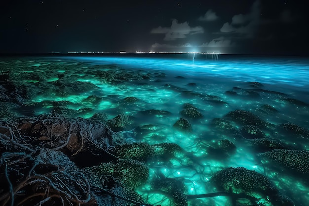 Iluminación de plancton en Maldivas bioluminiscencia AI
