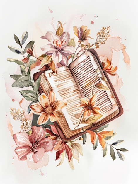 Iluminación sagrada La Biblia y los tributos florales IA generativa