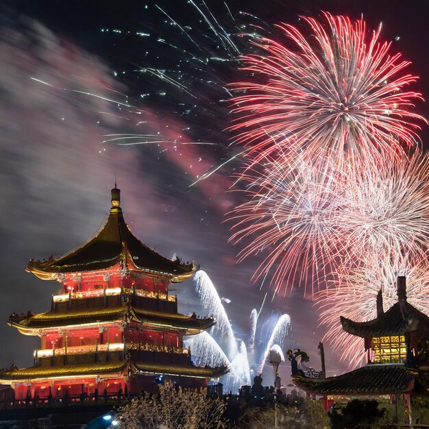 Foto iluminación sagrada templos chinos bañados en el saludo de año nuevo