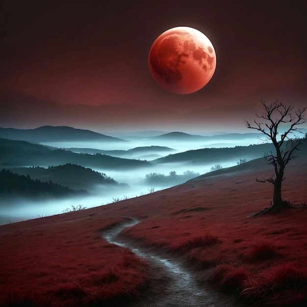 Foto iluminado por una luna de sangre roja profunda generada por la ia