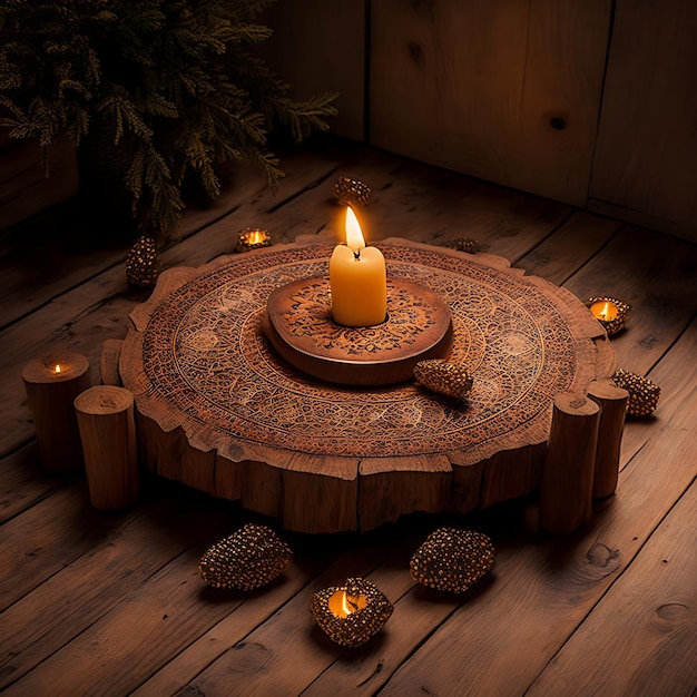 iluminado por una sola vela mesa de madera Ramadanday