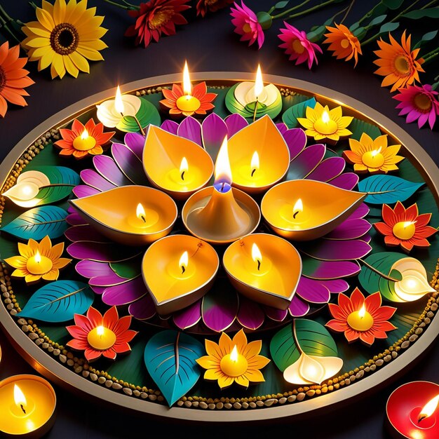 Foto iluminando navratri y diwali con vibrantes dias florales y luces para una celebración festiva