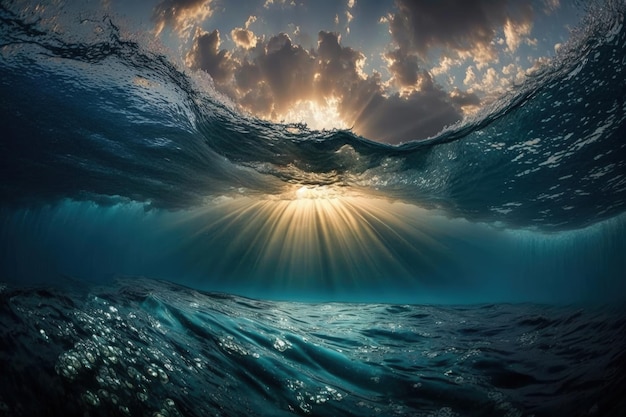 Foto iluminando los rayos del sol profundo perforan las profundidades del océano ia generativa