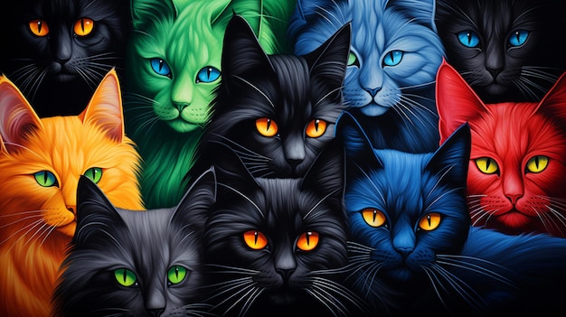 Ilusão hipnótica abstrata e colorida de gatos gerada por ai