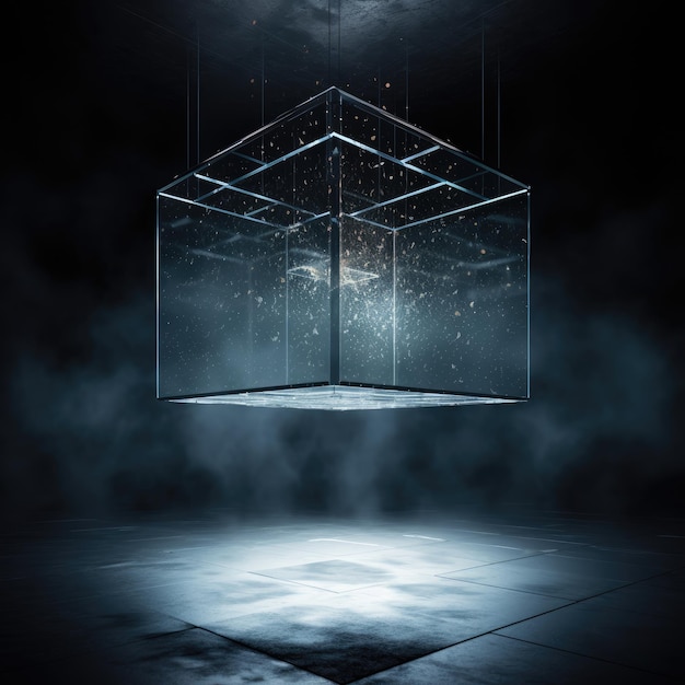 Ilusión enigmática El cubo de espejo flotante en medio del abismo oscuro