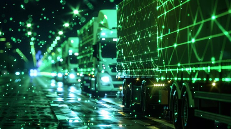 Foto ilusión de flujo de datos de camiones cargados de datos
