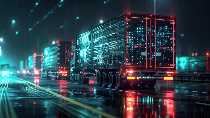 Foto ilusión de flujo de datos de camiones cargados de datos