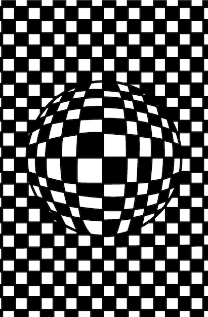 Ilusión óptica 3D con esfera de tablero de ajedrez distorsionada Arte geométrico en blanco y negro