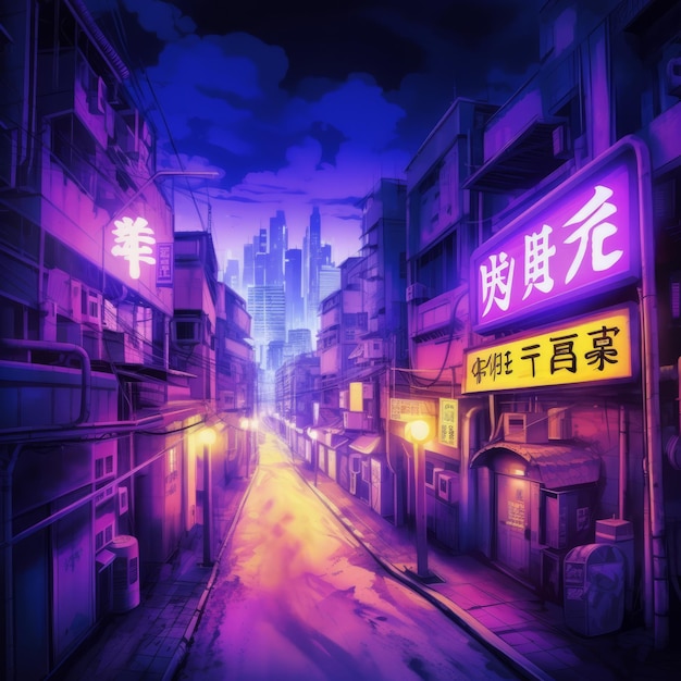 Ilustra la ciudad de Tokio de noche con dibujos de estilo anime y manga con vistas de la ciudad y vibrantes luces de neón púrpura IA generativa
