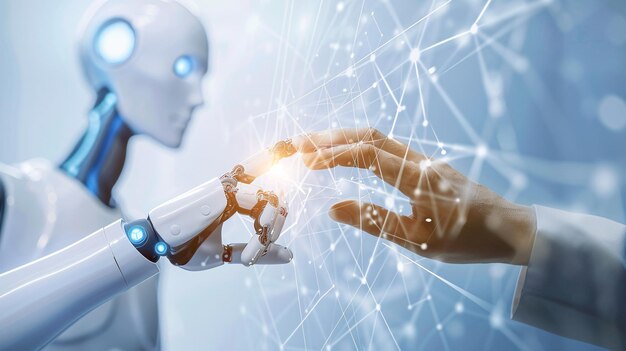 Ilustra las manos de un robot y el tacto humano que simbolizan una conexión en grandes redes de datos