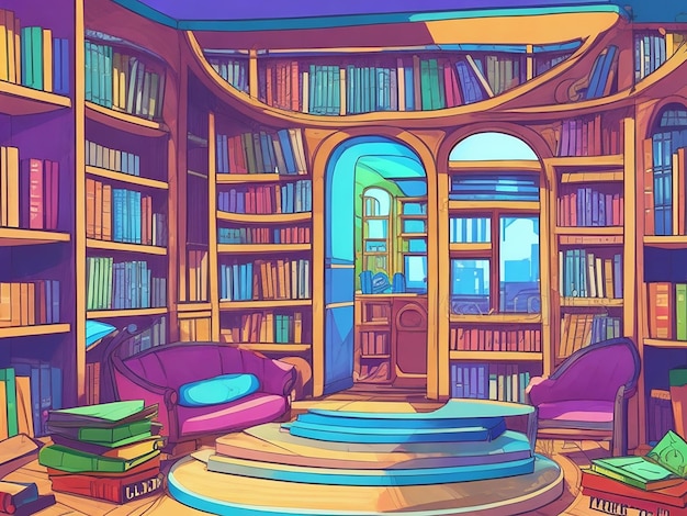 Ilustra??o dos desenhos animados da biblioteca de livros