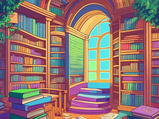 Ilustra??o dos desenhos animados da biblioteca de livros