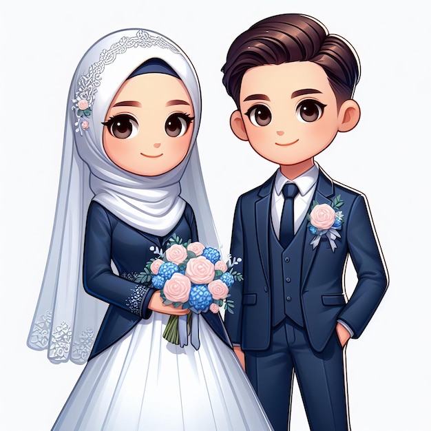 Ilustração 2d com estilo de design de aquarela de um casal de casamentos muçulmanos bonitos