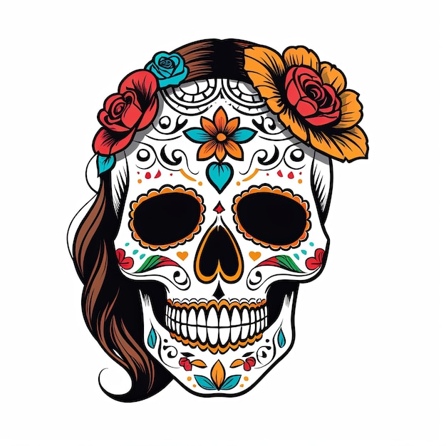 Ilustração 2d Dia dos Mortos Catrina Celebração mexicana com maquiagem de caveira Halloween