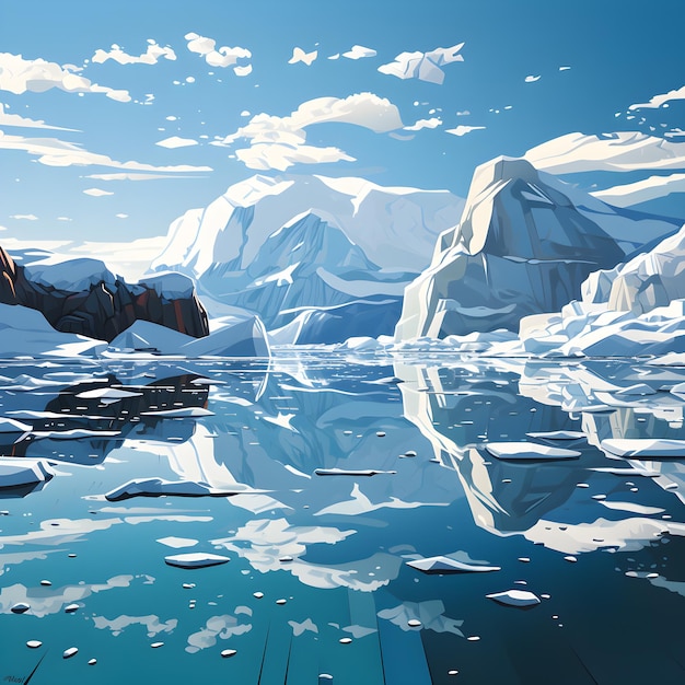 ilustração 2D minimalista de iceberg flutuando em vastas linhas limpas do oceano paleta de cores limitada
