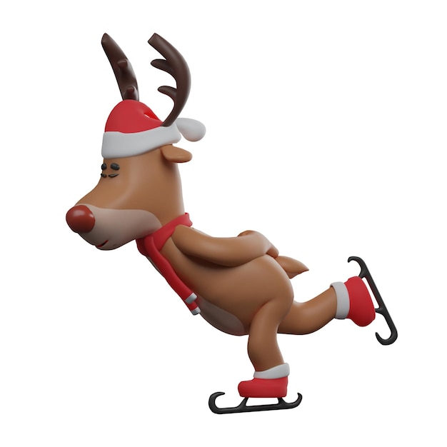 Ilustração 3D 3D Cartoon Christmas Reindeer jogando patinação no gelo seriamente com poses de movimento legal