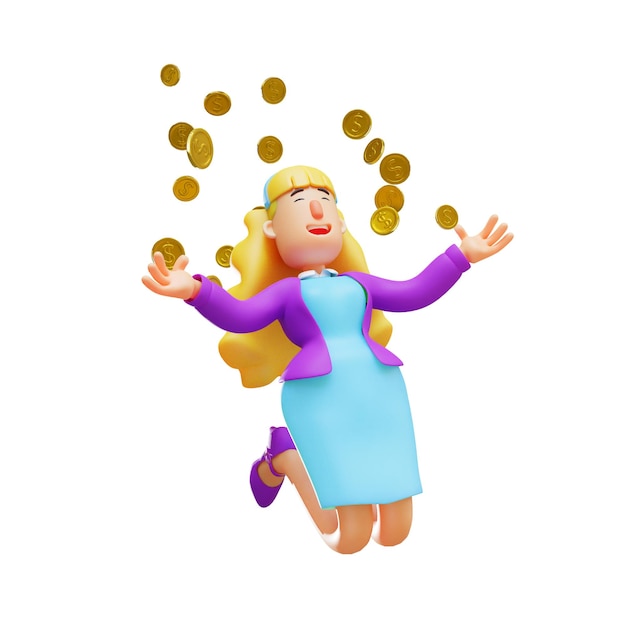 Ilustração 3D 3D Cartoon Cool Business Woman jogando moeda de ouro com as duas mãos levantadas enquanto está sentado