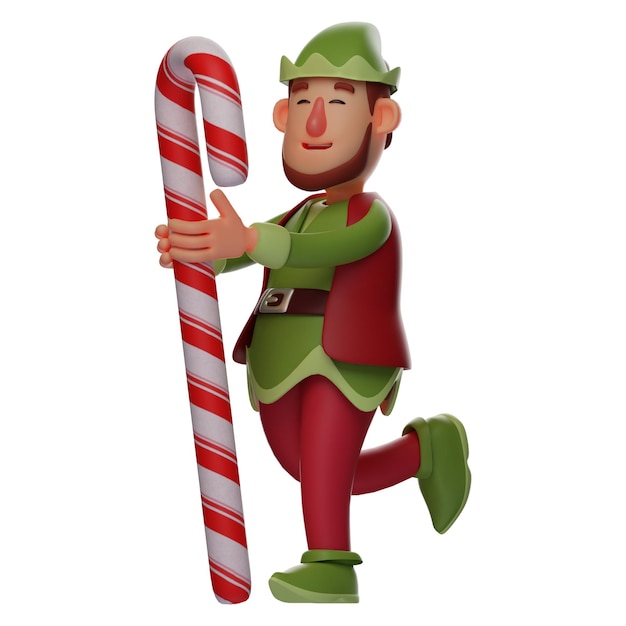 Ilustração 3D 3D Cartoon Elf com um bastão de doces gigante com a perna levantada uma pose de volta