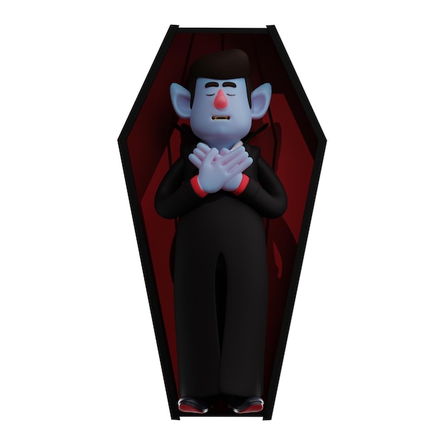 Ilustração 3D 3D Cartoon Vampiro Drácula dormindo em um caixão com as mãos cruzadas no peito mostrando