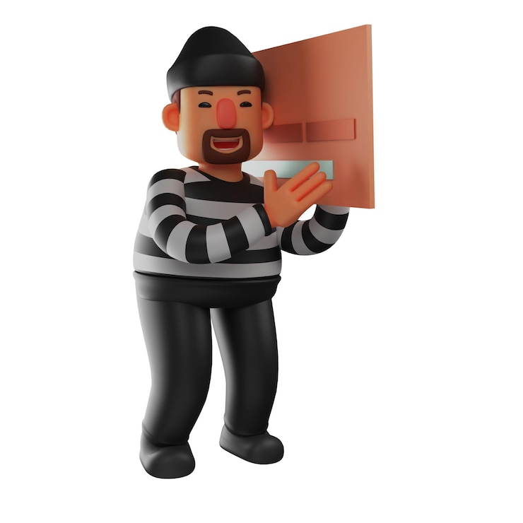 Foto ilustração 3d 3d desenho animado imagem do mal ladrão carregando cartas roubadas caminhar silenciosamente mostrando um astuto