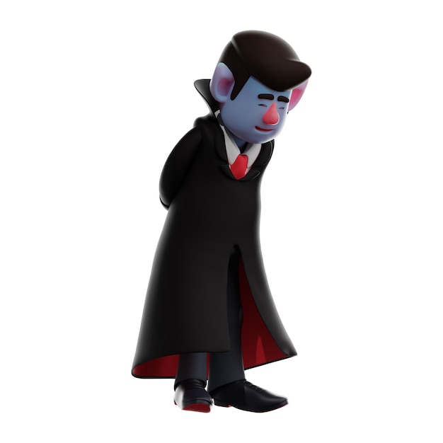 Ilustração 3D 3D Dracula Vampire Cartoon Design com pose de arco mostrando um rosto triste tem um azul