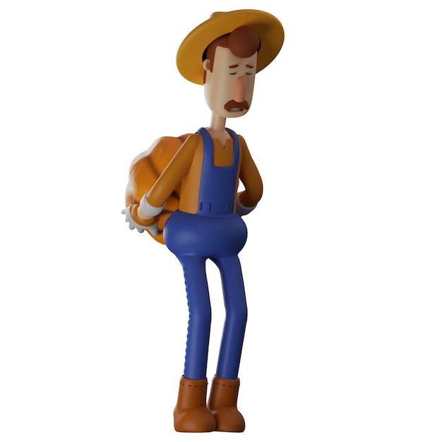 Ilustração 3D 3D Farmer desenho animado carregando uma abóbora com uma expressão cansada corpo ligeiramente curvado