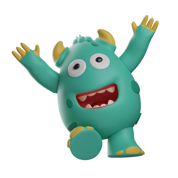 Ilustração 3D 3D Personagem monstro bonito gritando de felicidade com uma postura de salto e ambos