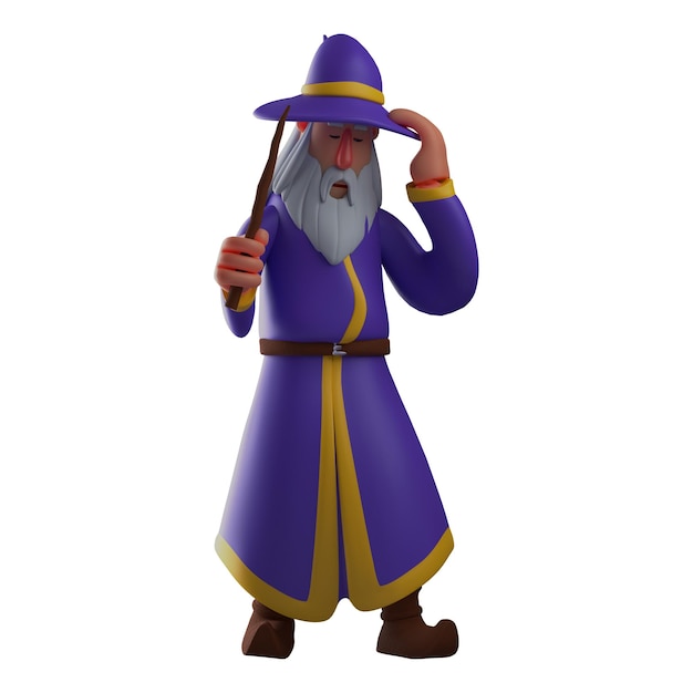 Ilustração 3D A bruxa dos desenhos animados 3D tem um chapéu azul e uma varinha mágica com uma pose de cabeça baixa